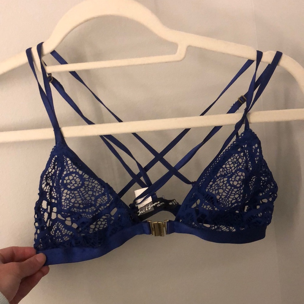 For Love and Lemons blue bra with gold front closure size small